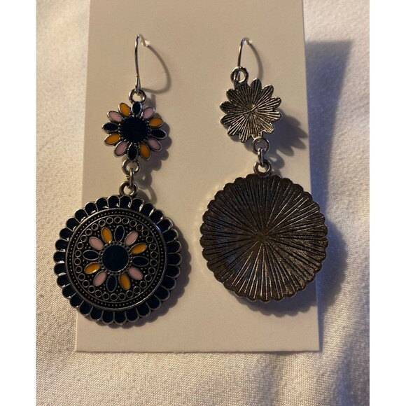 Earrings Boho  Silver & Black w/ Pink Orange Flowers Dangle Metal Shiny Hippie - Picture 4 of 6